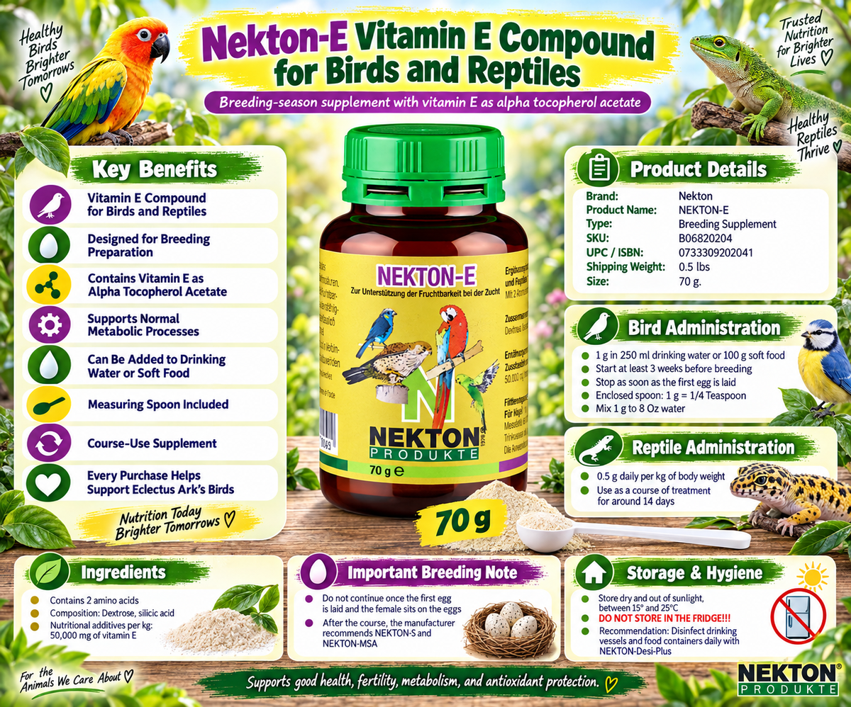 Nekton-E vitamin E compound for birds and reptiles with alpha tocopherol acetate, used as a breeding-season supplement and mixed with drinking water or soft food as directed. 70gram Promotional Image 