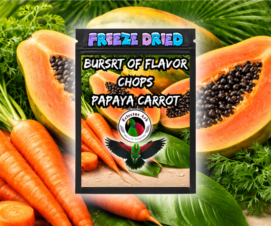 Papaya Carrot Burst of Flavor Freeze-Dried Chop for parrots made with carrots, celery, green peppers, broccoli, cauliflower, kale, Red Delicious apples, Granny Smith apples, bananas, okra, green beans, corn, green peas, papaya, and carrot. Product Image