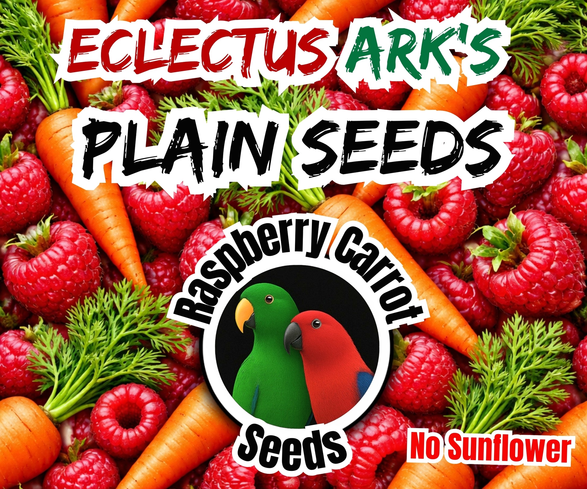 Close-up of Eclectus Ark Raspberry Carrot sunflower-free parrot seed mix in a 1 lb bag, infused with raspberry and carrot puree and dehydrated for freshness, suitable for parrots, cockatiels, conures, and budgies.