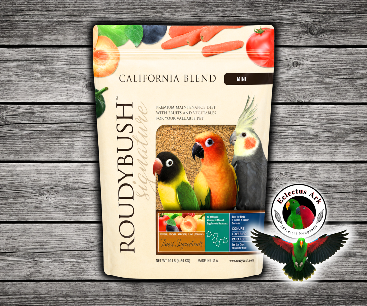 Roudybush California Blend Mini Parrot Food with Daily Maintenance pellets, dried carrots, bell peppers, cabbage, peaches, apricots, plums, and tomatoes for small parrots, cockatiels, and lovebirds. 10 lb bag
