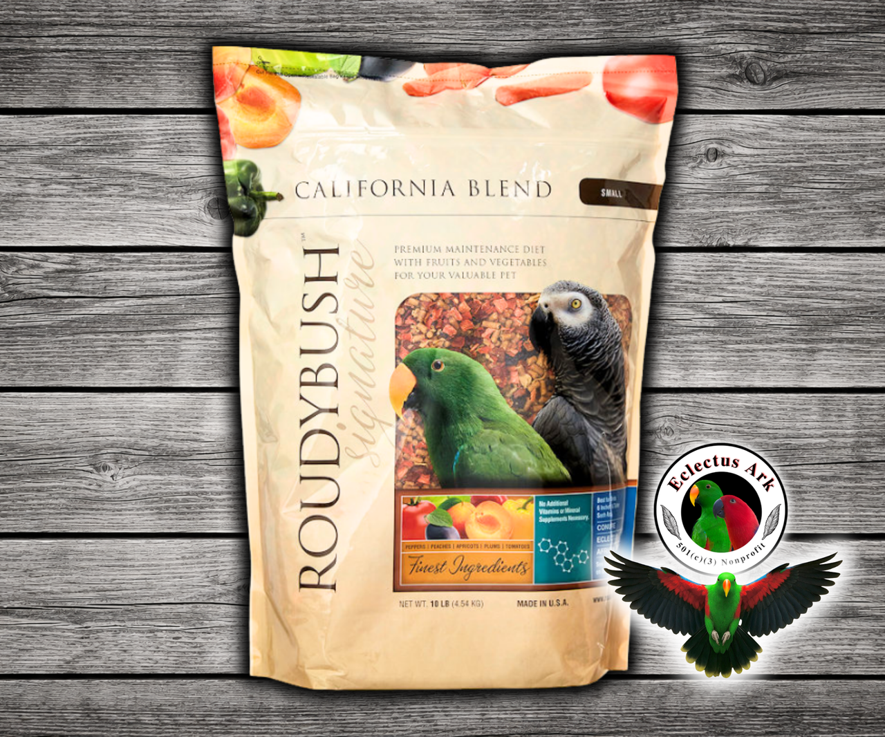 Roudybush California Blend Small Parrot Food with Daily Maintenance pellets, dried carrots, bell peppers, cabbage, peaches, apricots, plums, and tomatoes for parrots, small parrots, and conures. 10 lb Bag
