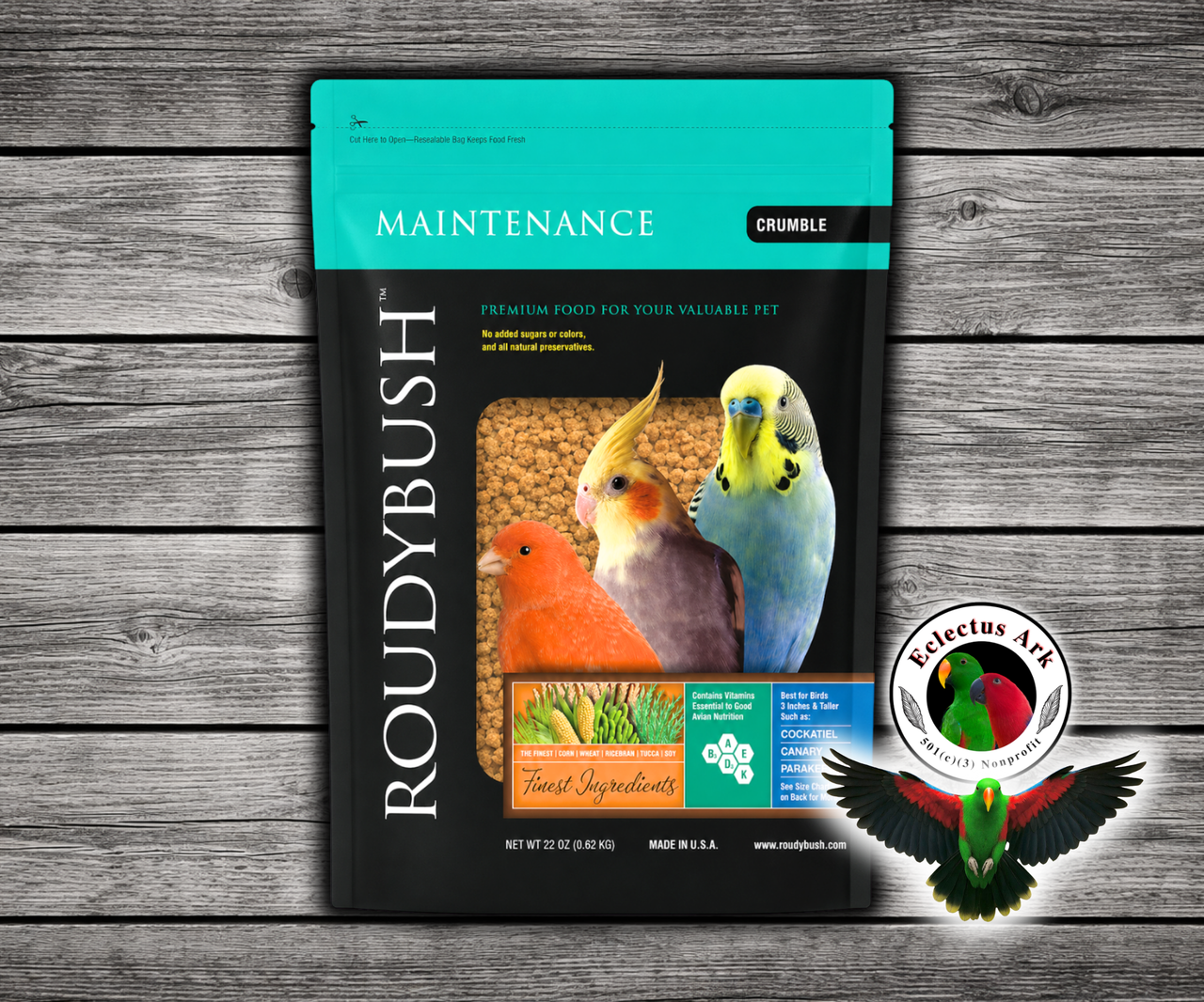 Roudybush Daily Maintenance Crumbles Parrot Food made with all-natural ingredients and no added food coloring or sugar for small parrots, cockatiels, lovebirds, budgies, and parakeets. 22 oz bag