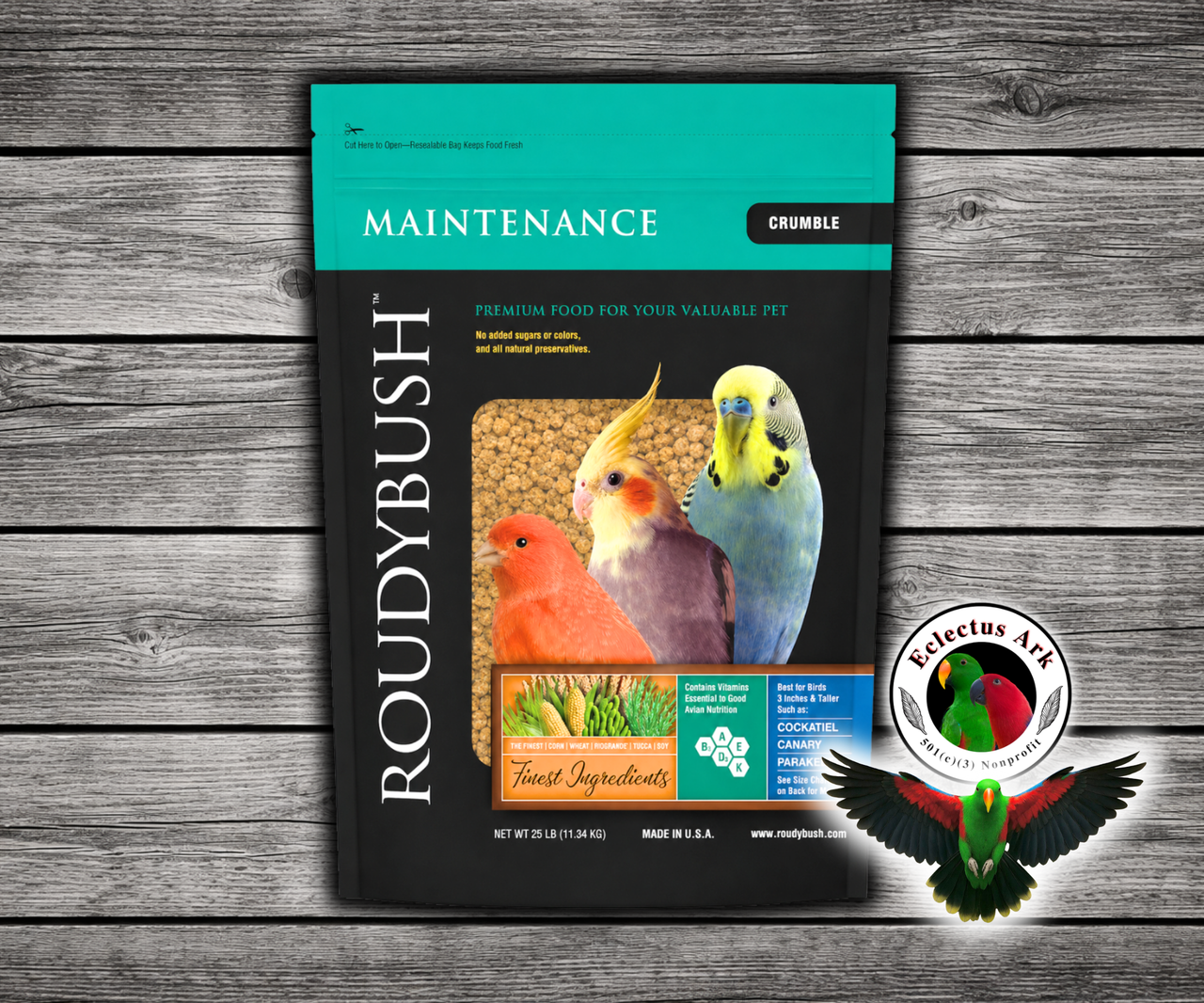 Roudybush Daily Maintenance Crumbles Parrot Food made with all-natural ingredients and no added food coloring or sugar for small parrots, cockatiels, lovebirds, budgies, and parakeets. 25 lb bag