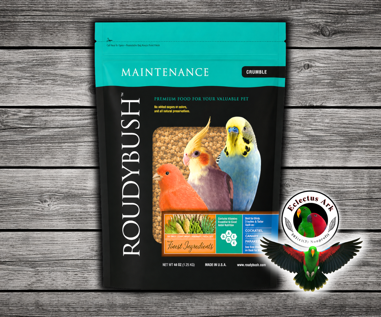 Roudybush Daily Maintenance Crumbles Parrot Food made with all-natural ingredients and no added food coloring or sugar for small parrots, cockatiels, lovebirds, budgies, and parakeets. 44 oz bag