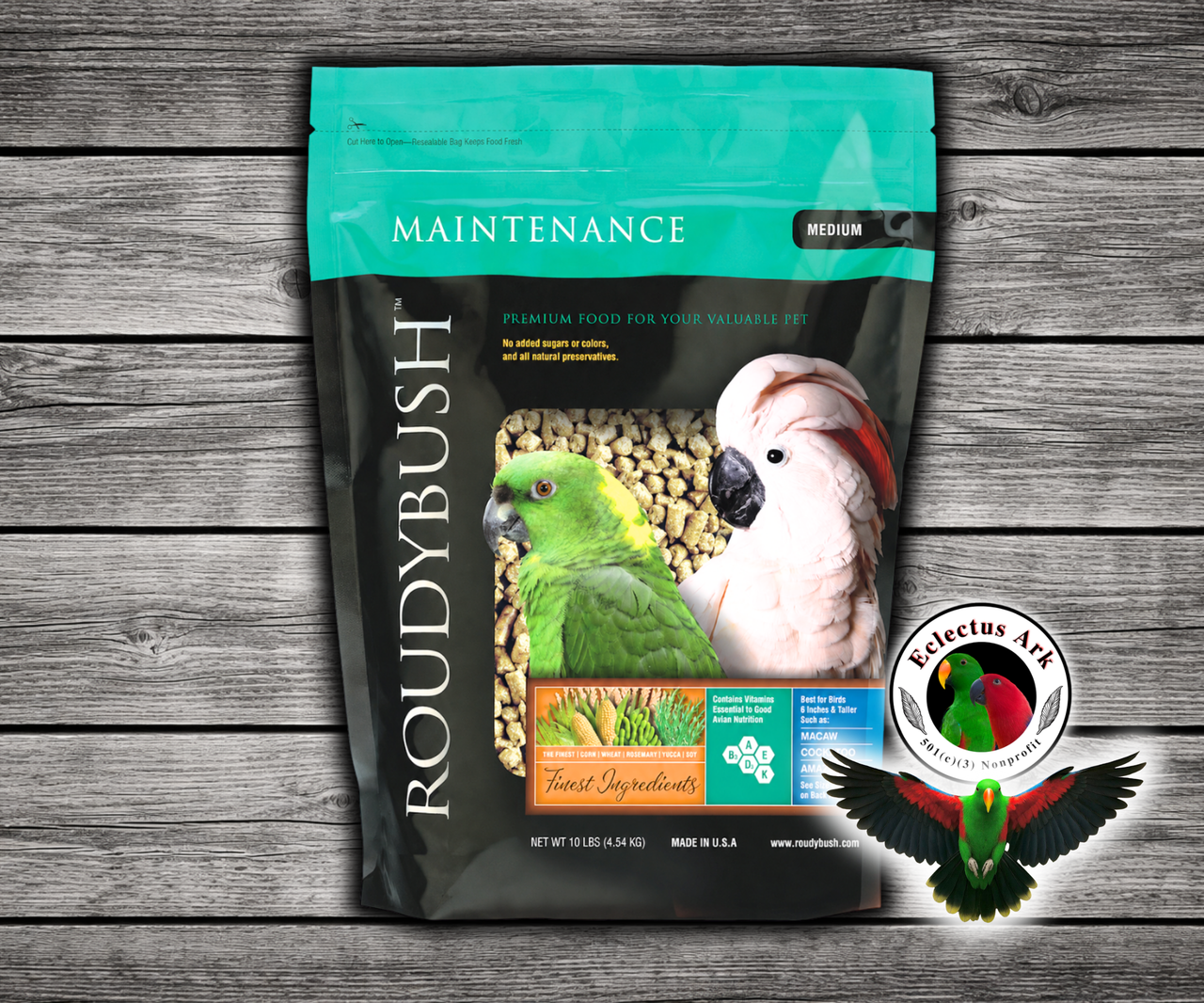 Roudybush Daily Maintenance Medium Parrot Food made with all-natural ingredients and no added food coloring or sugar for parrots, cockatoos, macaws, conures, and small parrots. 10 lb bag
