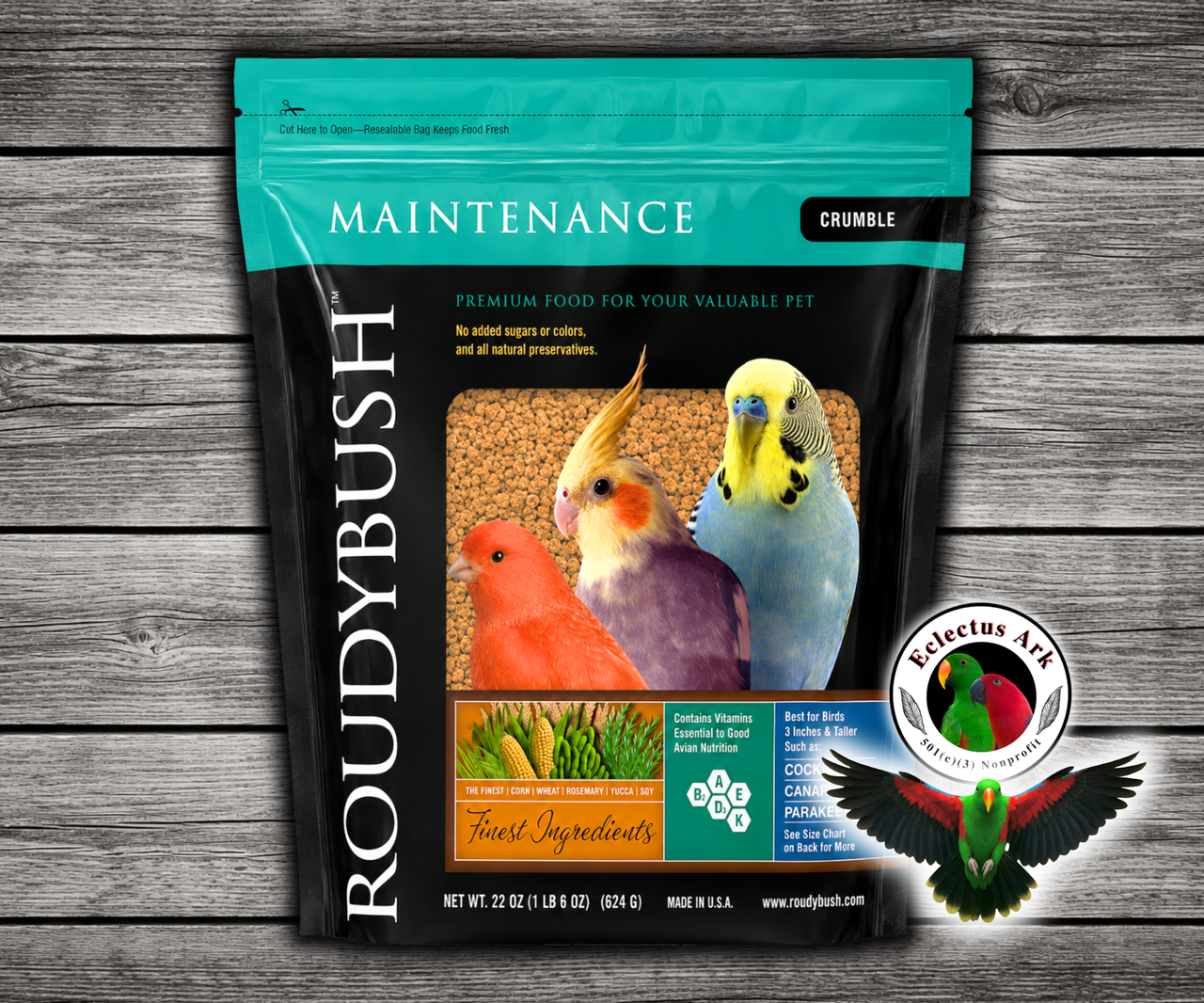 Roudybush Daily Maintenance Medium Parrot Food made with all-natural ingredients and no added food coloring or sugar for parrots, cockatoos, macaws, conures, and small parrots. 22 oz bag