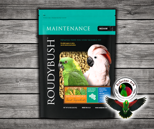 Roudybush Daily Maintenance Medium Parrot Food made with all-natural ingredients and no added food coloring or sugar for parrots, cockatoos, macaws, conures, and small parrots. 22 oz bag