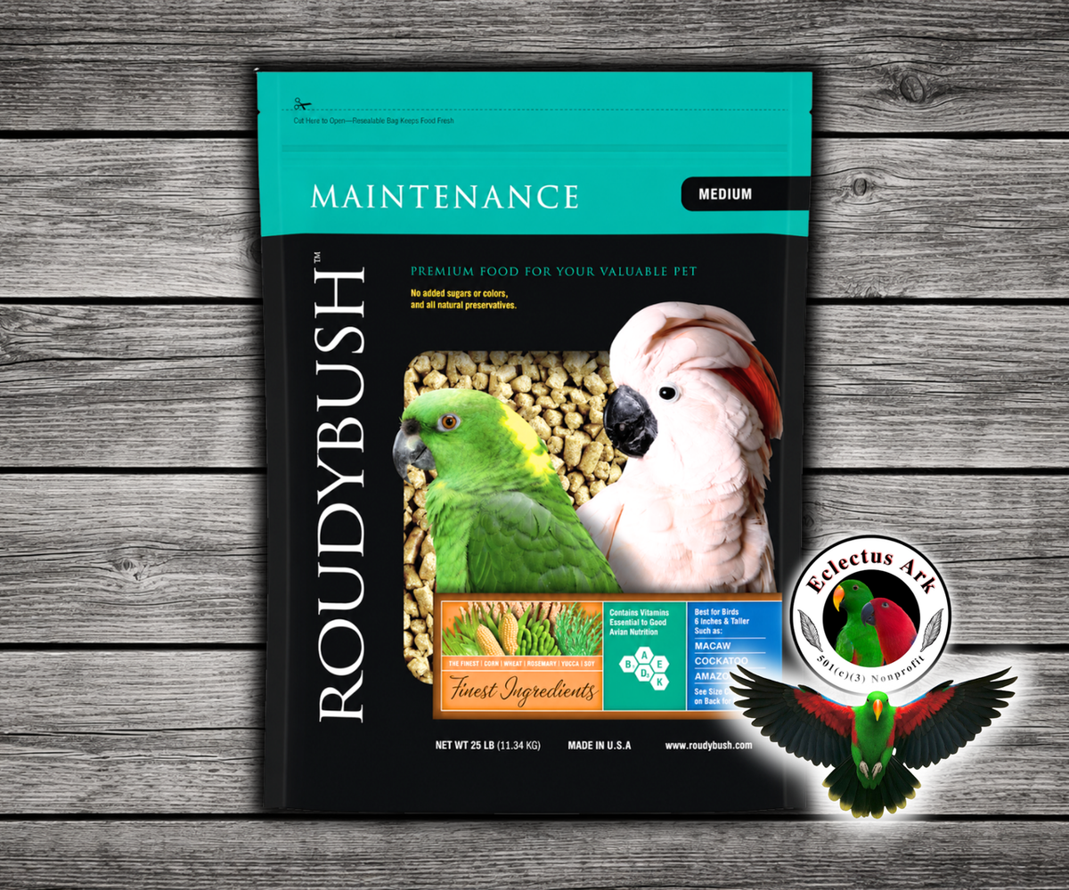 Roudybush Daily Maintenance Medium Parrot Food made with all-natural ingredients and no added food coloring or sugar for parrots, cockatoos, macaws, conures, and small parrots. 25 lbbag
