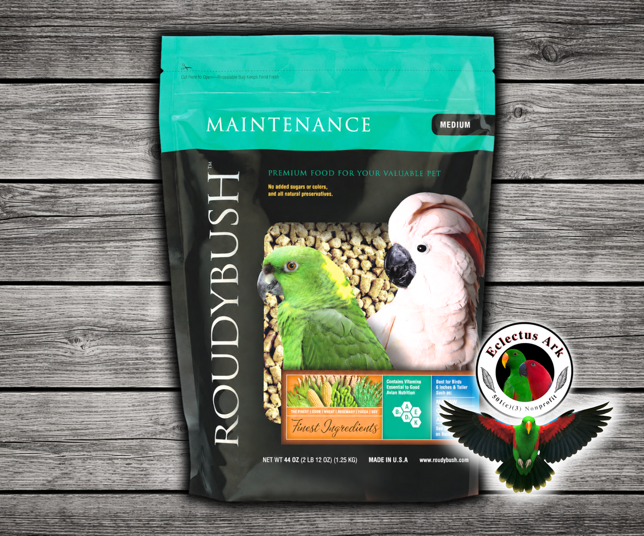 Roudybush Daily Maintenance Medium Parrot Food made with all-natural ingredients and no added food coloring or sugar for parrots, cockatoos, macaws, conures, and small parrots. 44 oz Bag