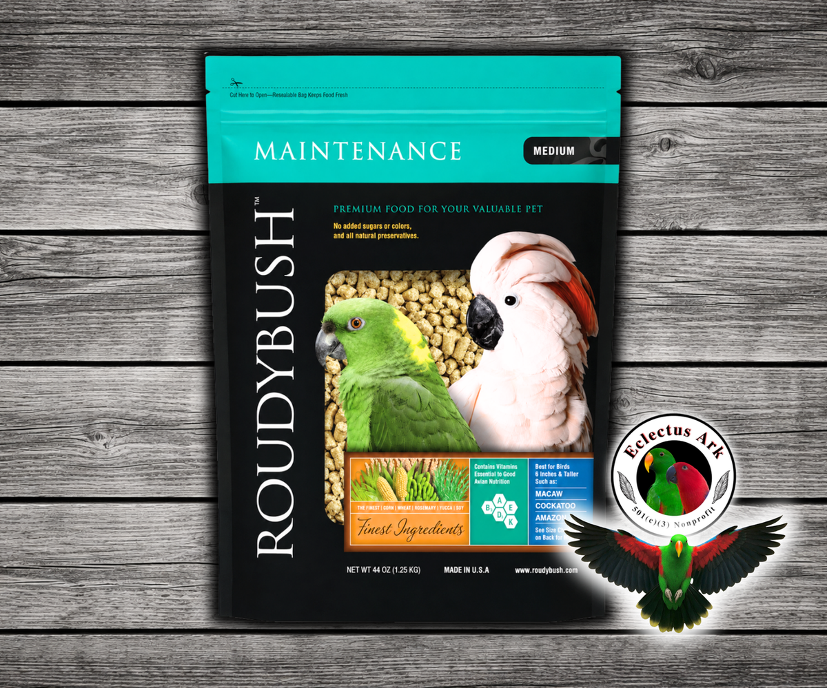 Roudybush Daily Maintenance Medium Parrot Food made with all-natural ingredients and no added food coloring or sugar for parrots, cockatoos, macaws, conures, and small parrots. 44 oz bag