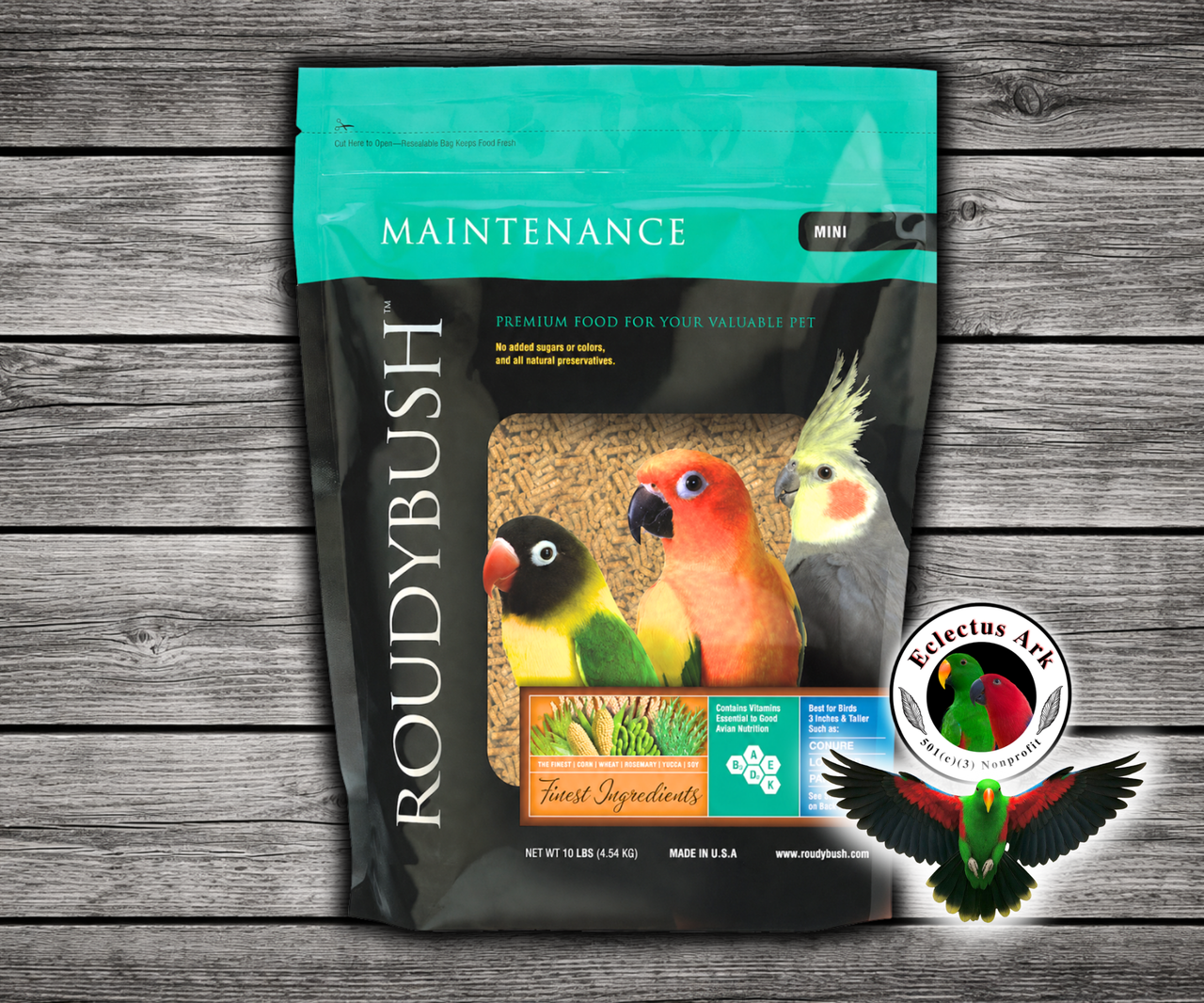 Roudybush Daily Maintenance Mini Parrot Food made with all-natural ingredients and no added food coloring or sugar for small parrots, cockatiels, and lovebirds. 10 lb bag