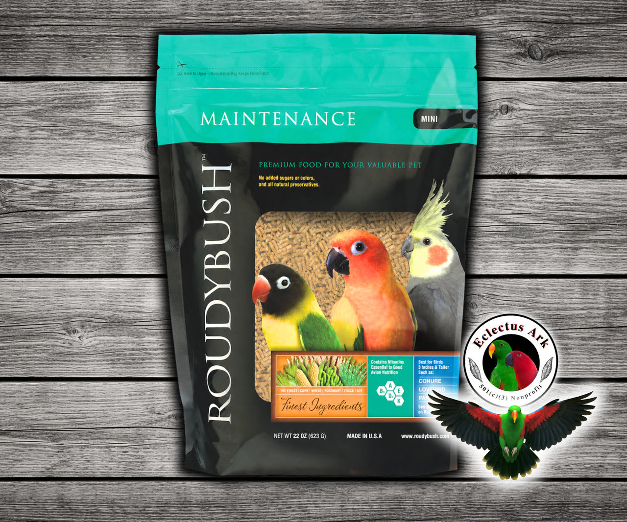 Roudybush Daily Maintenance Mini Parrot Food made with all-natural ingredients and no added food coloring or sugar for small parrots, cockatiels, and lovebirds. 22 oz Bag