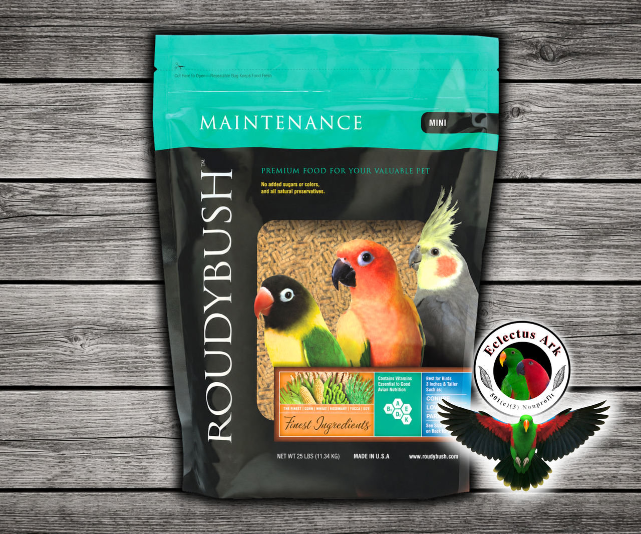 Roudybush Daily Maintenance Mini Parrot Food made with all-natural ingredients and no added food coloring or sugar for small parrots, cockatiels, and lovebirds.25 lb Bag