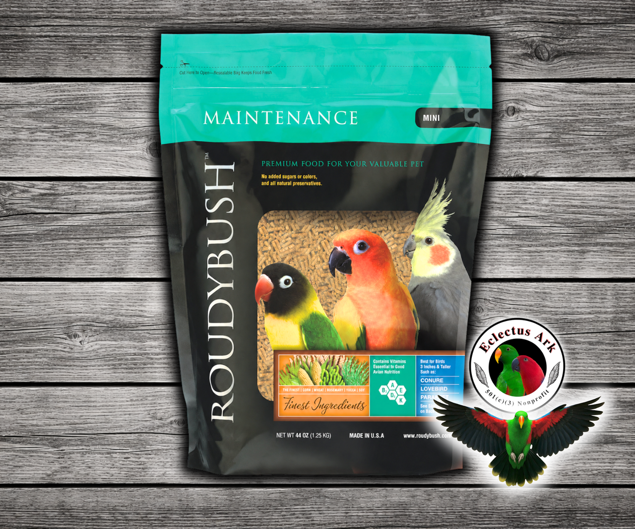 Roudybush Daily Maintenance Mini Parrot Food made with all-natural ingredients and no added food coloring or sugar for small parrots, cockatiels, and lovebirds. 44 oz bag