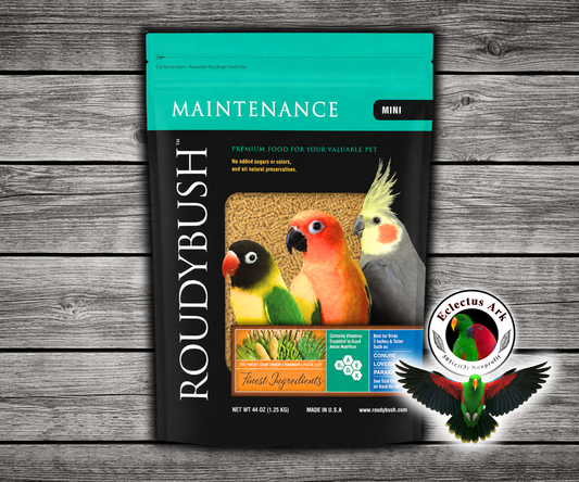 Roudybush Daily Maintenance Mini Parrot Food made with all-natural ingredients and no added food coloring or sugar for small parrots, cockatiels, and lovebirds. 44 oz bag