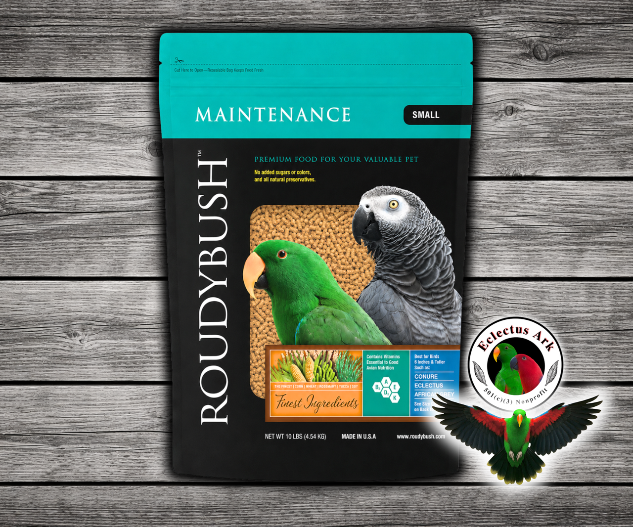 Roudybush Daily Maintenance Small Parrot Food made with all-natural ingredients and no added food coloring or sugar for parrots, small parrots, and conures. 10 lb bag