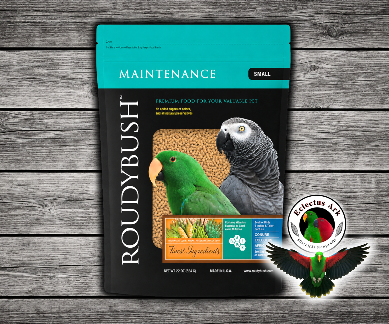 Roudybush Daily Maintenance Small Parrot Food made with all-natural ingredients and no added food coloring or sugar for parrots, small parrots, and conures. 22 oz bag