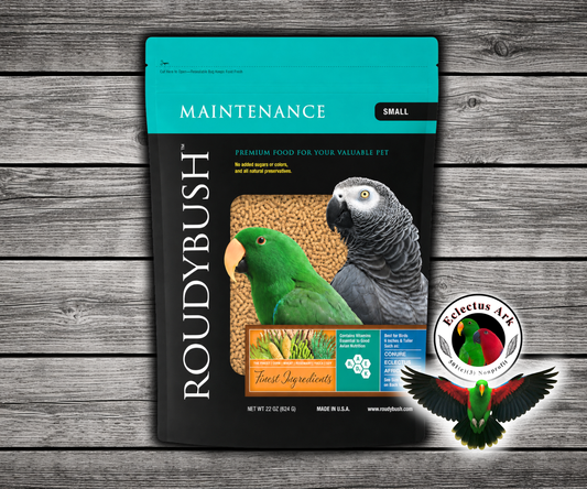 Roudybush Daily Maintenance Small Parrot Food made with all-natural ingredients and no added food coloring or sugar for parrots, small parrots, and conures. 22 oz bag