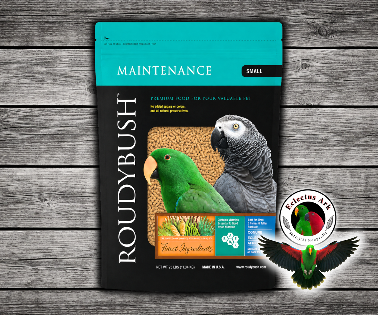 Roudybush Daily Maintenance Small Parrot Food made with all-natural ingredients and no added food coloring or sugar for parrots, small parrots, and conures. 25 lb bag