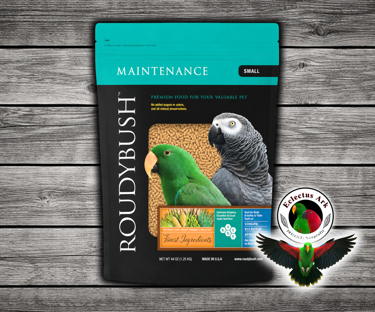 Roudybush Daily Maintenance Small Parrot Food made with all-natural ingredients and no added food coloring or sugar for parrots, small parrots, and conures. 44 oz bag 