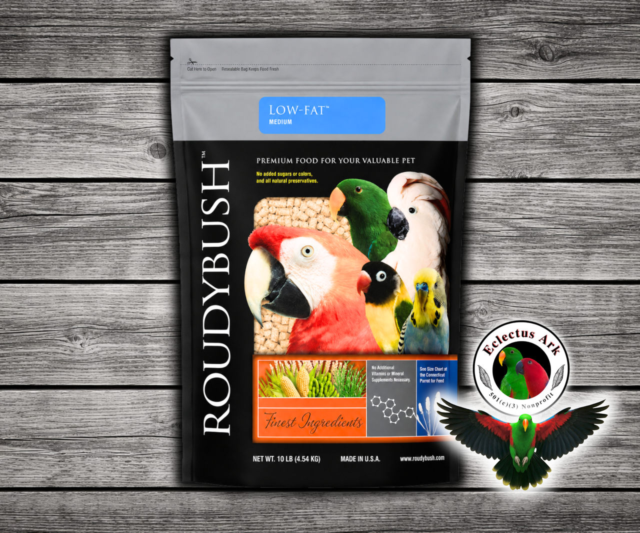 Roudybush Low Fat Medium Parrot Food made with all-natural ingredients and no added food coloring or sugar for adult parrots, cockatoos, and macaws that tend to be overweight.10 lb bag