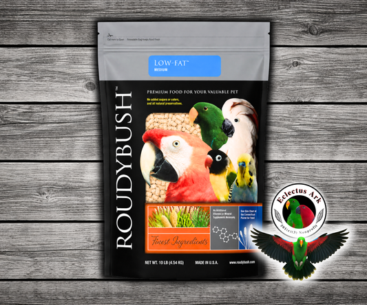 Roudybush Low Fat Medium Parrot Food made with all-natural ingredients and no added food coloring or sugar for adult parrots, cockatoos, and macaws that tend to be overweight.10 lb bag