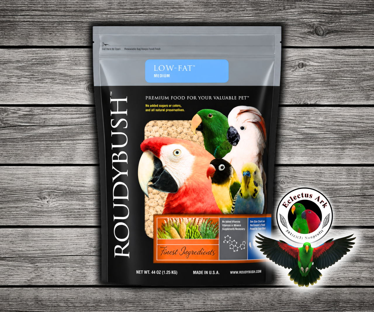 Roudybush Low Fat Medium Parrot Food made with all-natural ingredients and no added food coloring or sugar for adult parrots, cockatoos, and macaws that tend to be overweight. 44 oz bag