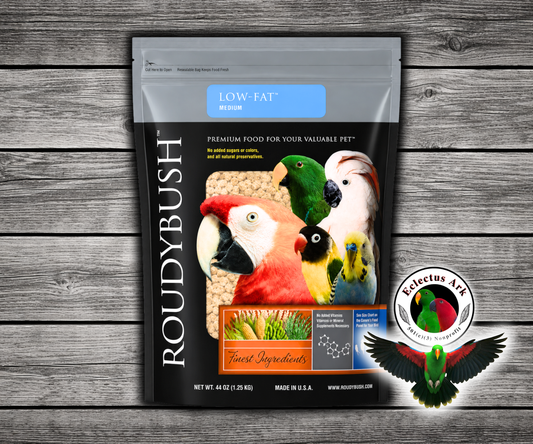Roudybush Low Fat Medium Parrot Food made with all-natural ingredients and no added food coloring or sugar for adult parrots, cockatoos, and macaws that tend to be overweight. 44 oz bag