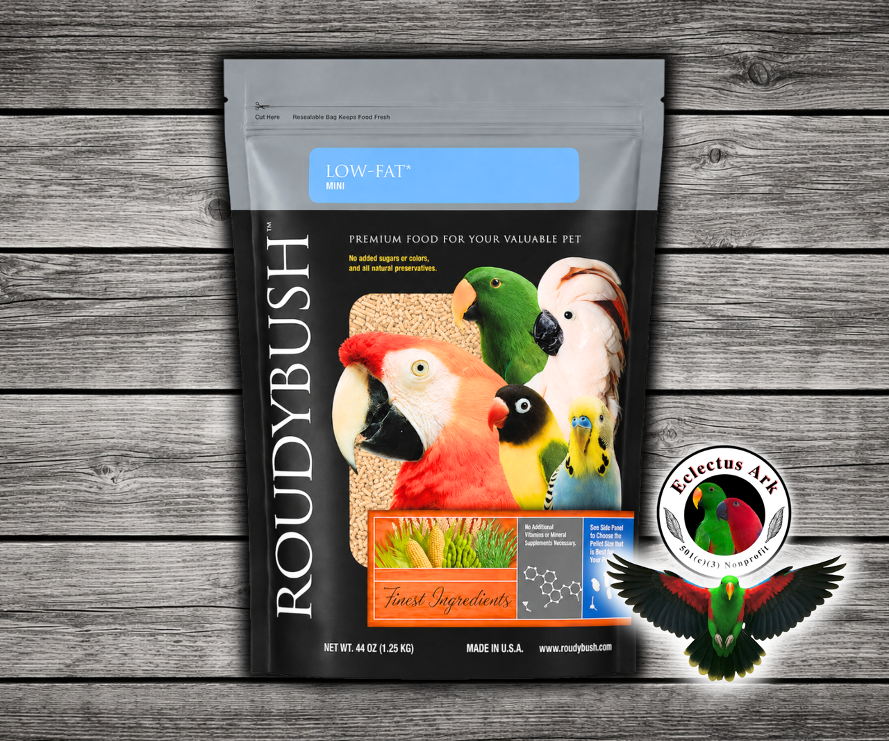 Roudybush Low Fat Mini Parrot Food made with all-natural ingredients and no added food coloring or sugar for adult small parrots, conures, cockatiels, and lovebirds. 44 oz bag