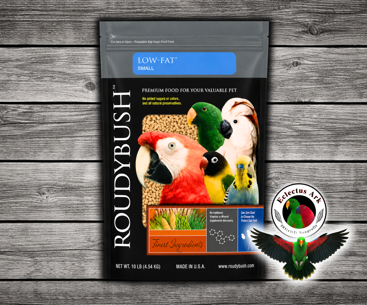 Roudybush Low Fat Small Parrot Food made with all-natural ingredients and no added food coloring or sugar for adult parrots, small parrots, and conures. 10 lb bag
