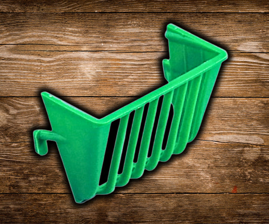 Plastic bird salad and nesting material holder in mixed colors (green, yellow, white) for canaries and finches, attaches inside or outside the cage.