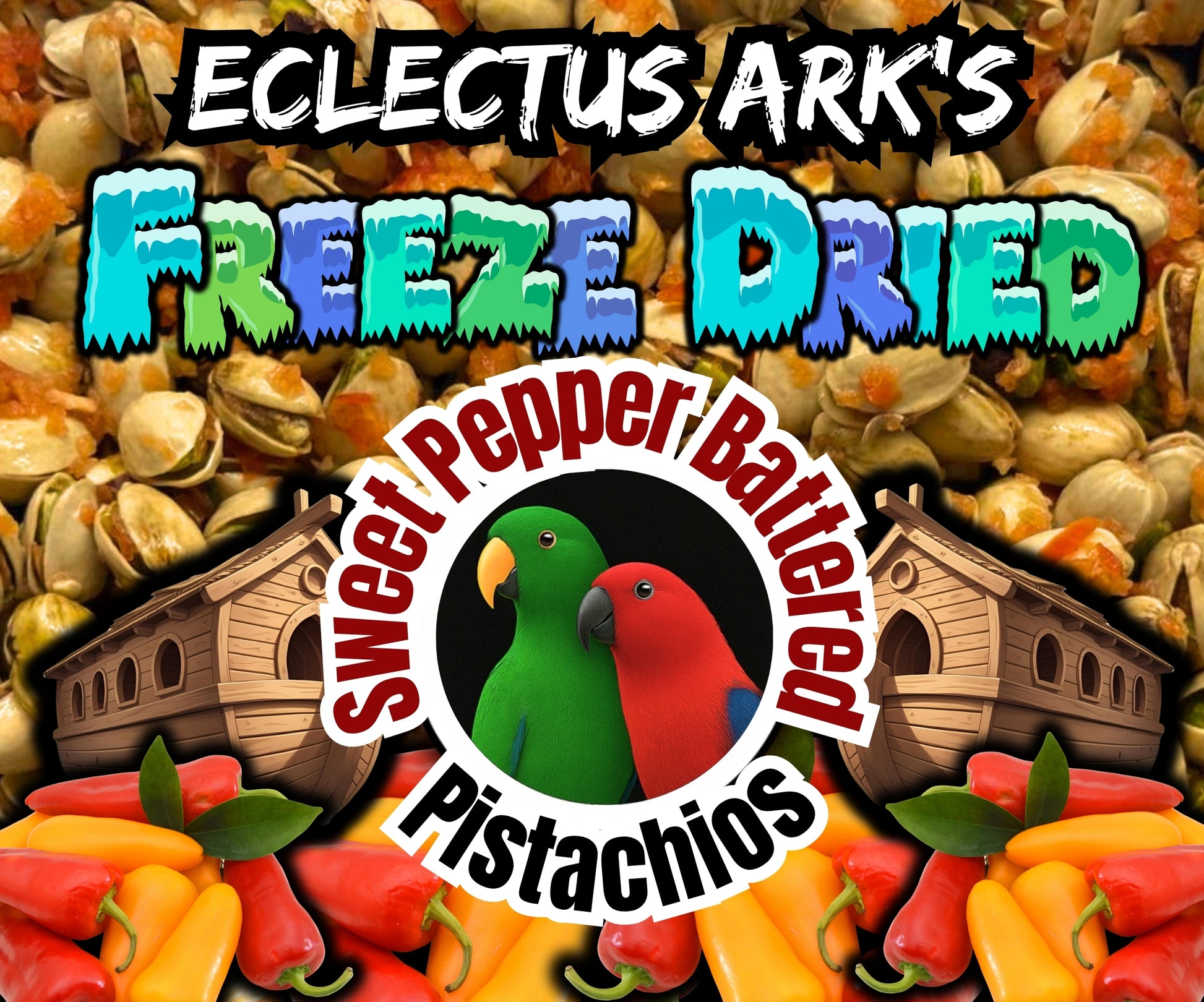 Freeze dried pistachios coated in sweet pepper puree, vibrant red-orange crunchy parrot treat handmade by Eclectus Ark