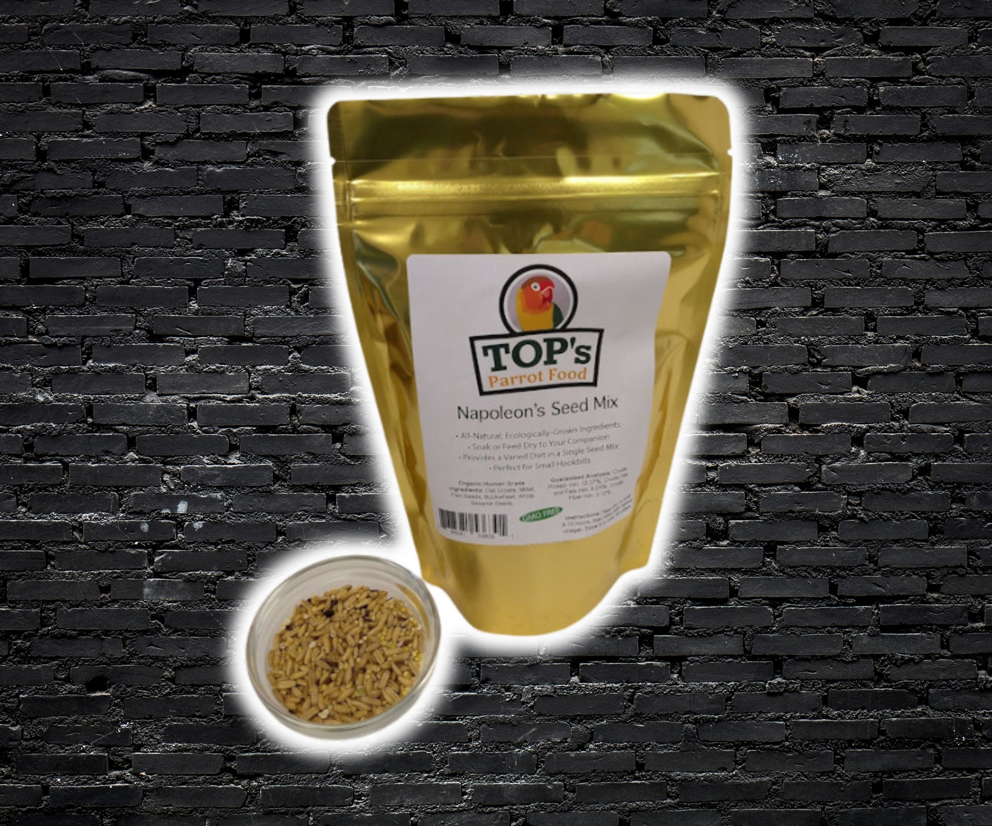 TOP’s Napoleon’s Seed Mix – dry or soak organic seed blend for small parrots such as conures, cockatiels, parakeets and parrotlets