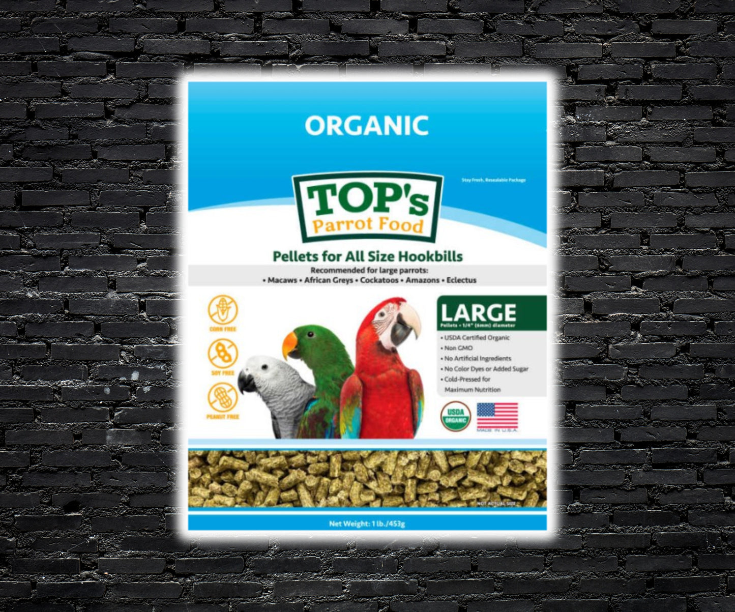 TOP’s Parrot Pellets – certified organic, cold-pressed pelleted diet for parrots of all sizes