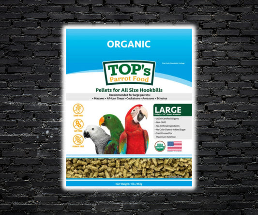 TOP’s Parrot Pellets – certified organic, cold-pressed pelleted diet for parrots of all sizes