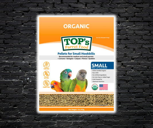 TOP’s Parrot Food Organic Small Pellets – cold-pressed, certified organic parrot diet for small and medium-sized parrots