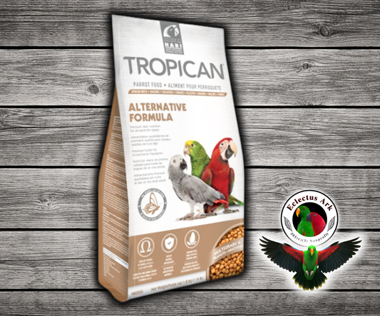 Tropican Alternative Formula by Hagen is a soy-free parrot food with pea protein, quinoa, vitamins, minerals, and 4 mm extruded granules.