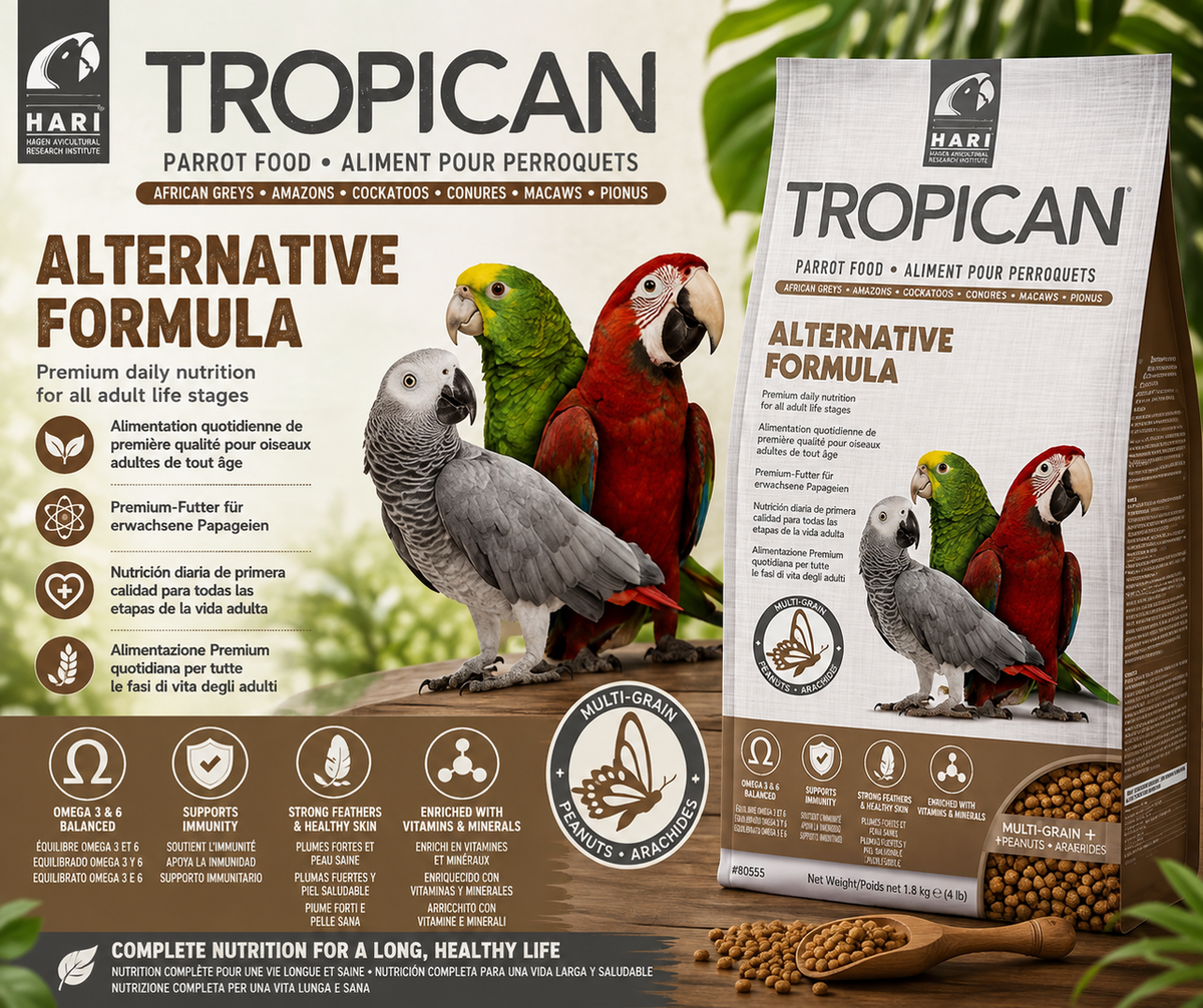 Tropican Alternative Formula by Hagen is a soy-free parrot food with pea protein, quinoa, vitamins, minerals, and 4 mm extruded granules. Promotional Image