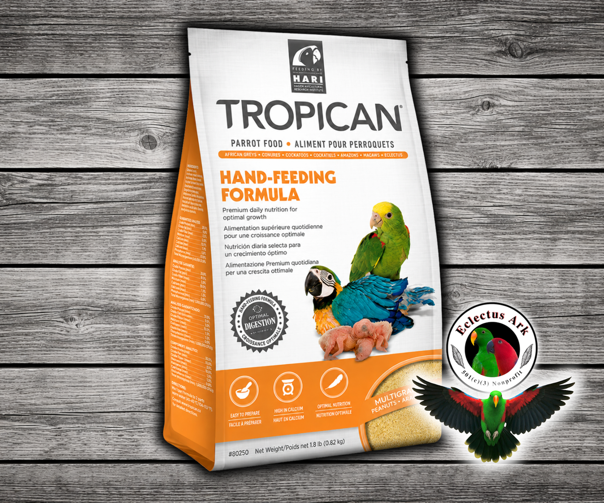 Tropican Hand Feeding Formula by Hagen for baby parrots up to fledgling, made as a finely ground extruded formula that mixes with hot water into a smooth mash. 1.8 lb bag