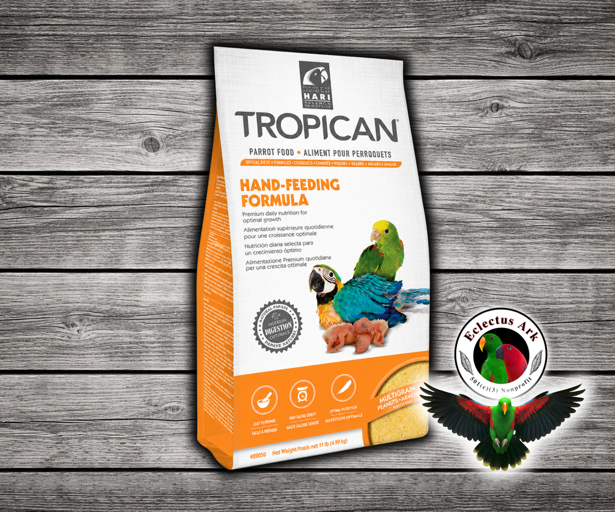 Tropican Hand Feeding Formula by Hagen for baby parrots up to fledgling, made as a finely ground extruded formula that mixes with hot water into a smooth mash. 11 lb bag