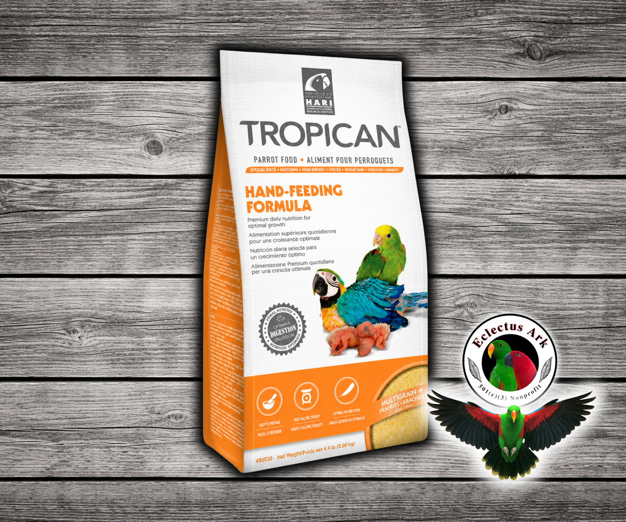 Tropican Hand Feeding Formula by Hagen for baby parrots up to fledgling, made as a finely ground extruded formula that mixes with hot water into a smooth mash. 4.4 lb bag