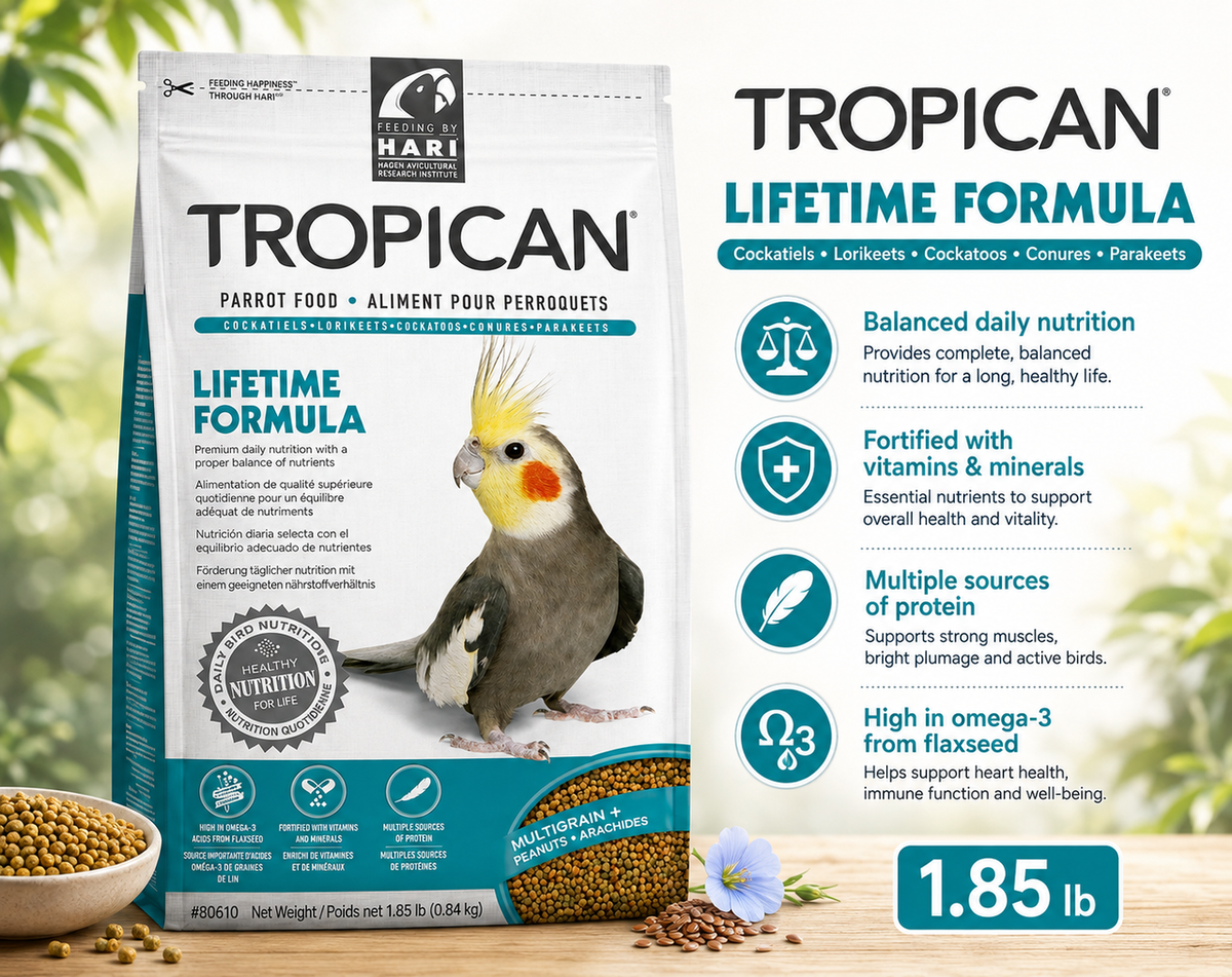 Tropican Lifetime Cockatiel Granules by Hagen, 2 mm extruded maintenance food for cockatiels, lovebirds, rosellas, and parrotlets with vitamins, minerals, grains, nuts, and omega fatty acids 1.85 lb