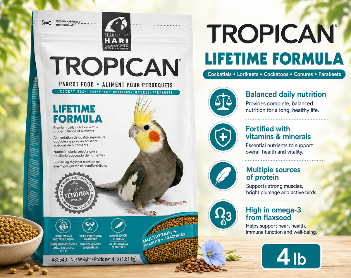 Tropican Lifetime Cockatiel Granules by Hagen, 2 mm extruded maintenance food for cockatiels, lovebirds, rosellas, and parrotlets with vitamins, minerals, grains, nuts, and omega fatty acids 4lb 
