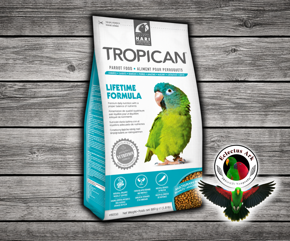 Tropican Lifetime Parrot Granules by Hagen, 4 mm extruded maintenance food for Conures, Caiques, Quakers, Pionus, Amazons, Macaws, Cockatoos, and African Greys with vitamins, minerals, grains, nuts, and omega fatty acids. 1.8 lb bag