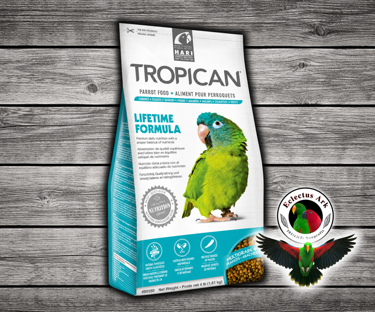 Tropican Lifetime Parrot Granules by Hagen, 4 mm extruded maintenance food for Conures, Caiques, Quakers, Pionus, Amazons, Macaws, Cockatoos, and African Greys with vitamins, minerals, grains, nuts, and omega fatty acids. 4 lb bag