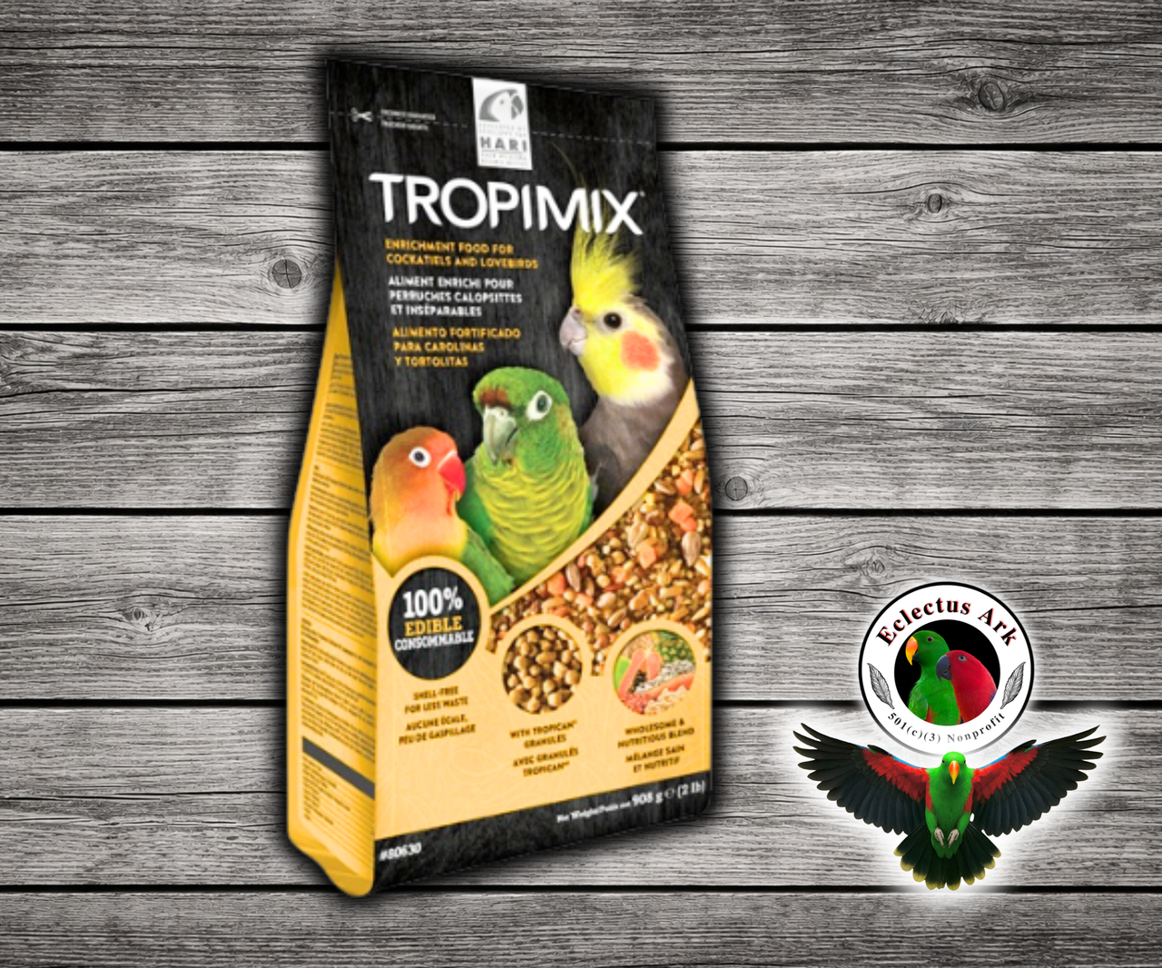 Tropimix Cockatiel and Lovebird enrichment food by Hagen with grains, legumes, peanuts, fruits, and extruded Tropican granules, free of shells and husks. 2 lb bag