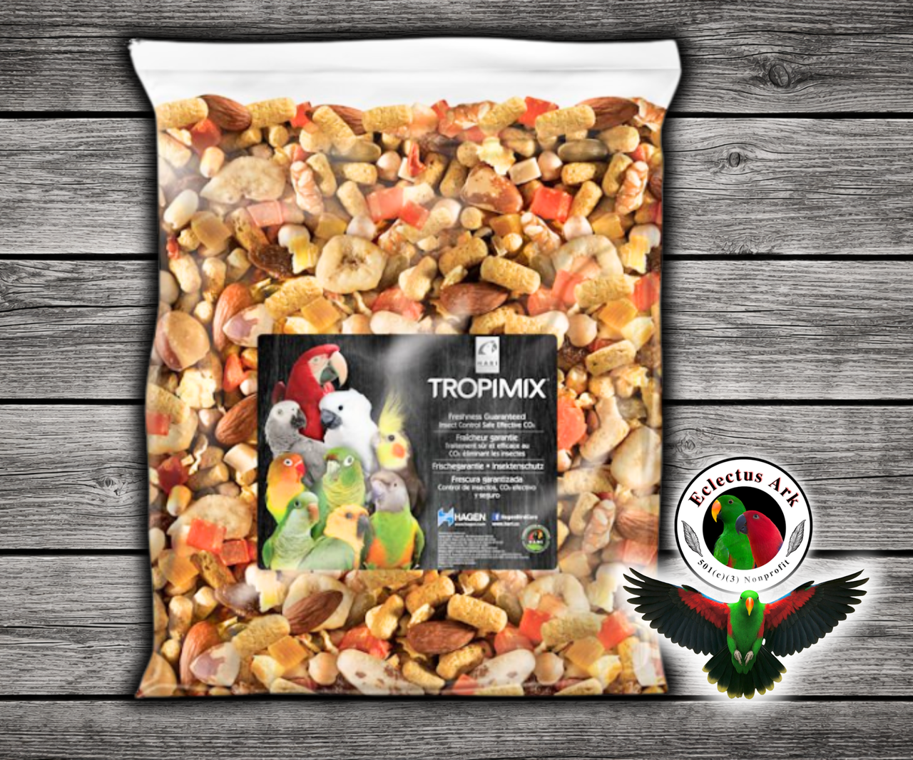 Tropimix Large Parrot Enrichment Mix by Hagen for Amazons, Macaws, Cockatoos, Greys, Eclectus, and large parrots with grains, fruits, nuts, legumes, and extruded Tropican sticks. 20 lb bag