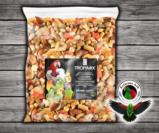 Tropimix Large Parrot Enrichment Mix by Hagen for Amazons, Macaws, Cockatoos, Greys, Eclectus, and large parrots with grains, fruits, nuts, legumes, and extruded Tropican sticks. 20 lb bag