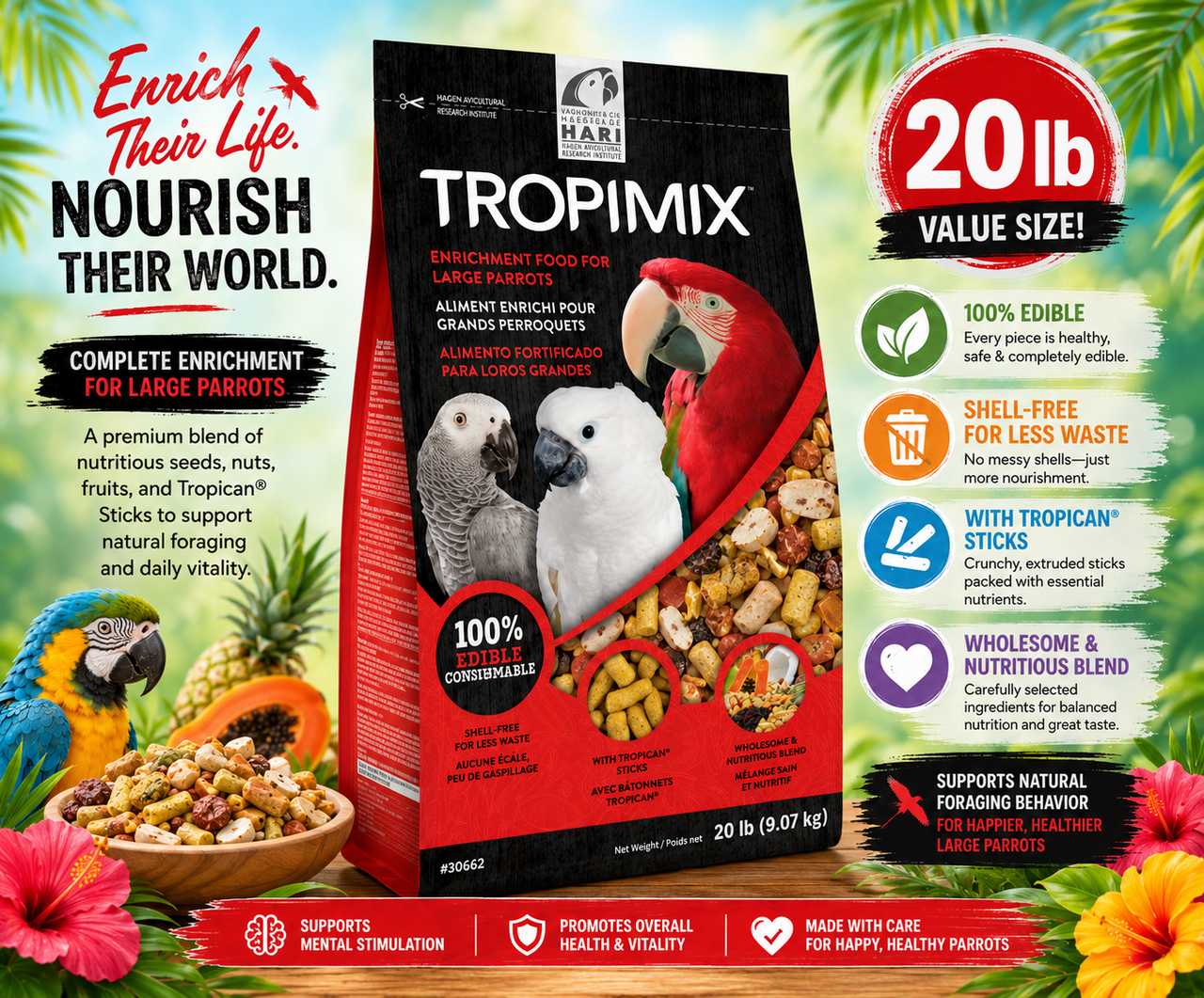Tropimix Large Parrot Enrichment Mix by Hagen for Amazons, Macaws, Cockatoos, Greys, Eclectus, and large parrots with grains, fruits, nuts, legumes, and extruded Tropican sticks 20 lb bag Promotional Image