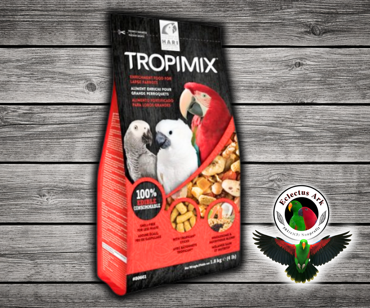 Tropimix Large Parrot Enrichment Mix by Hagen for Amazons, Macaws, Cockatoos, Greys, Eclectus, and large parrots with grains, fruits, nuts, legumes, and extruded Tropican sticks. 4 lb bag